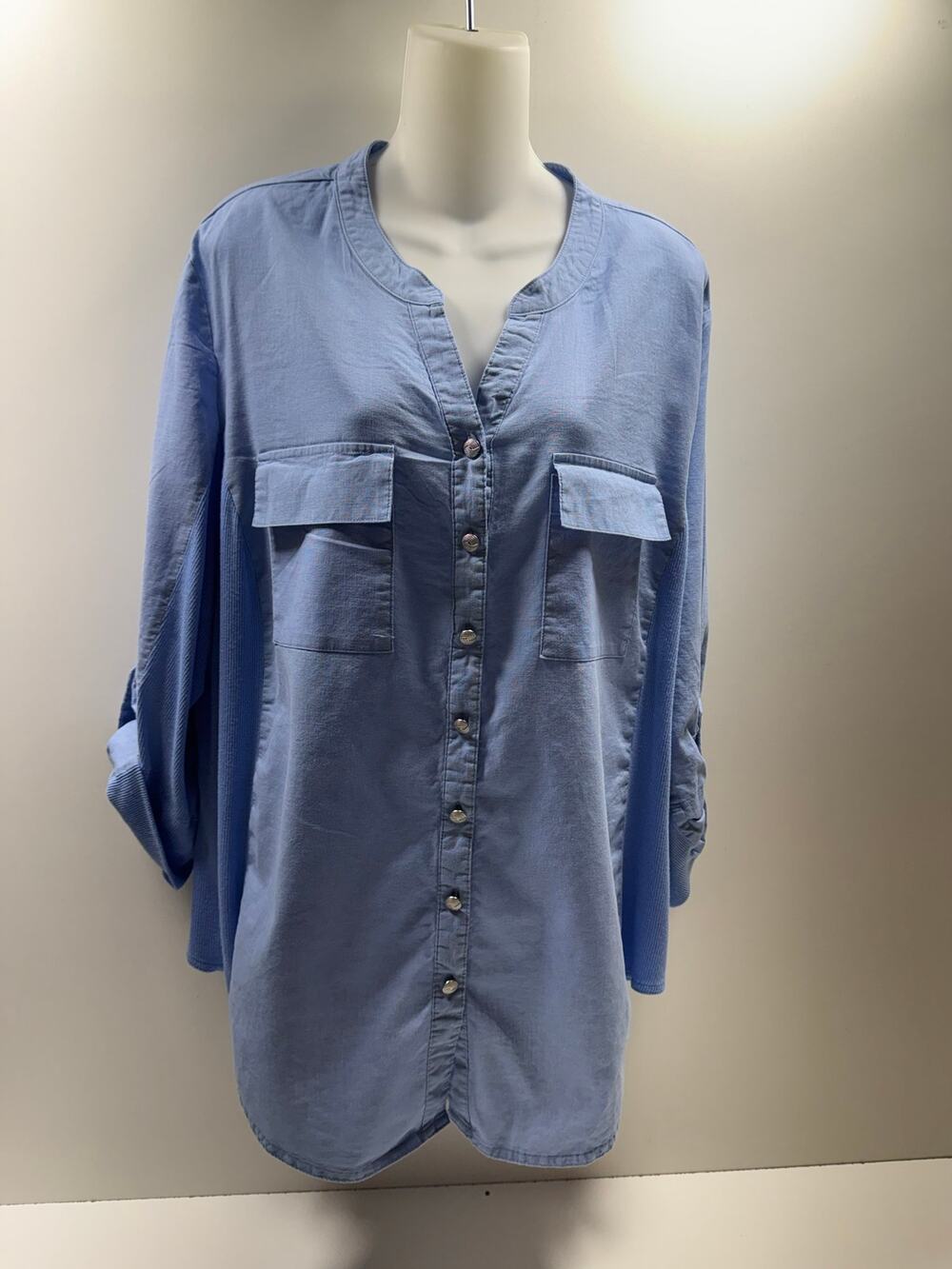 Allison Daley Plus Sz Women’s Button Front Shirt 3/4 Roll Tab Sleeve V Neck Blue